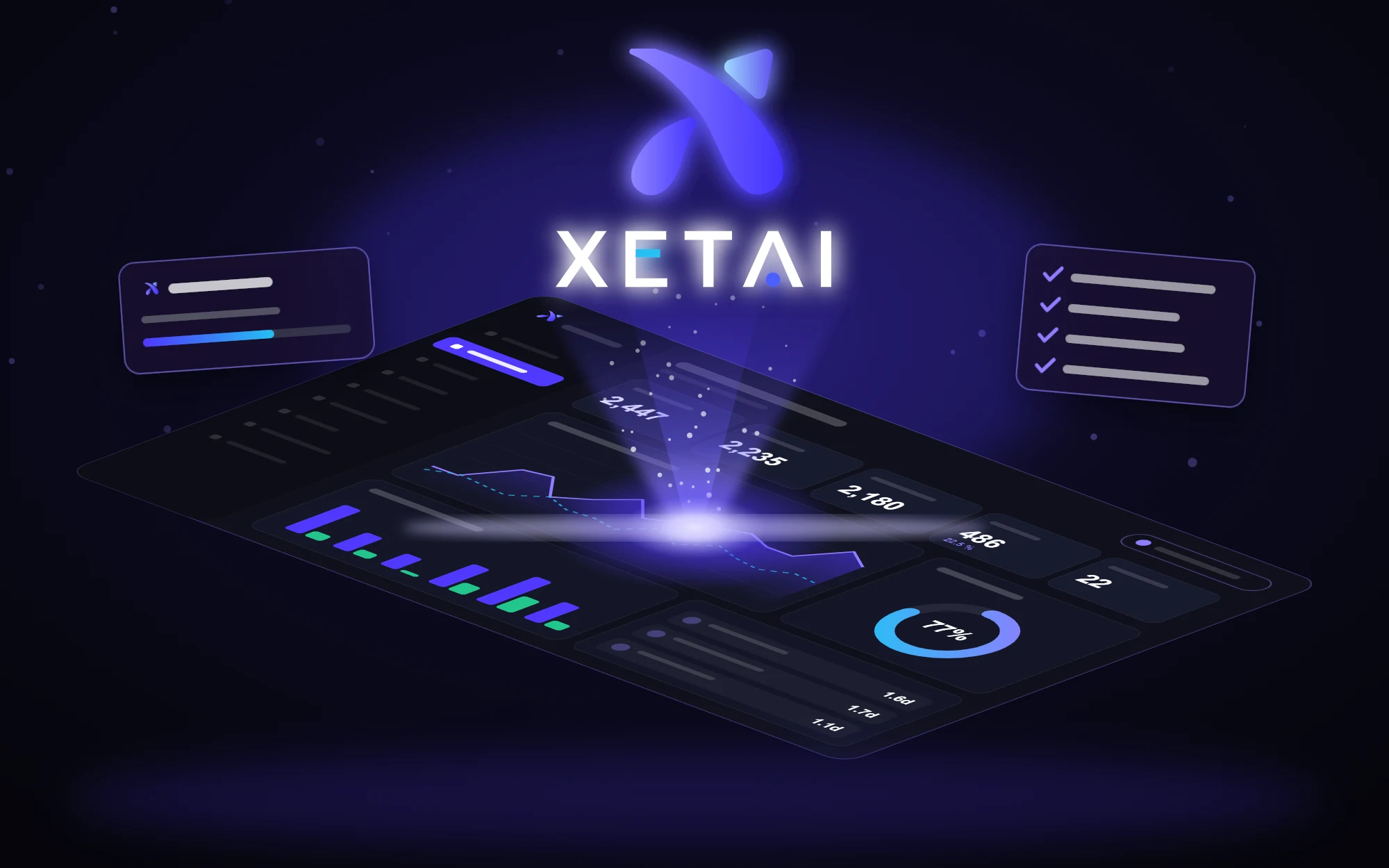 Xetai, the xales AI agent, rising from a light burst over an isometric marketing and sales dashboard